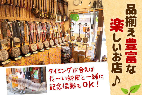 品揃え豊富な楽しいお店です！タイミングが合えば長～い蛇皮と一緒に記念撮影もＯＫ！